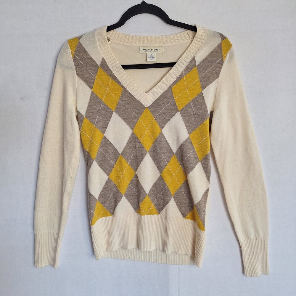 Banana Republic Womens Argyle Sweater Sz XS Neutral 100% Merino Wool Preppy